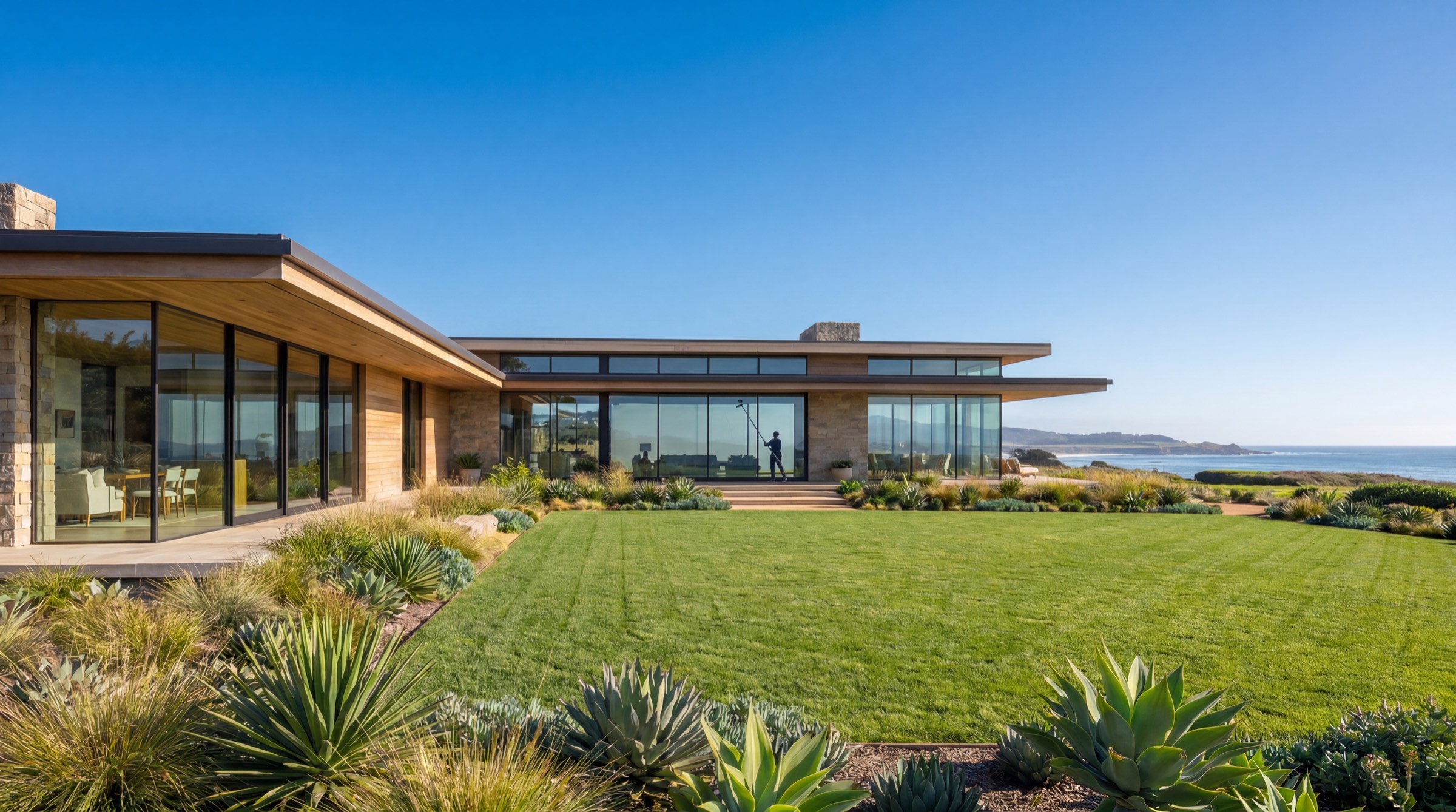 A Central Coast home being cleaned with a pure-water pole, seen from afar